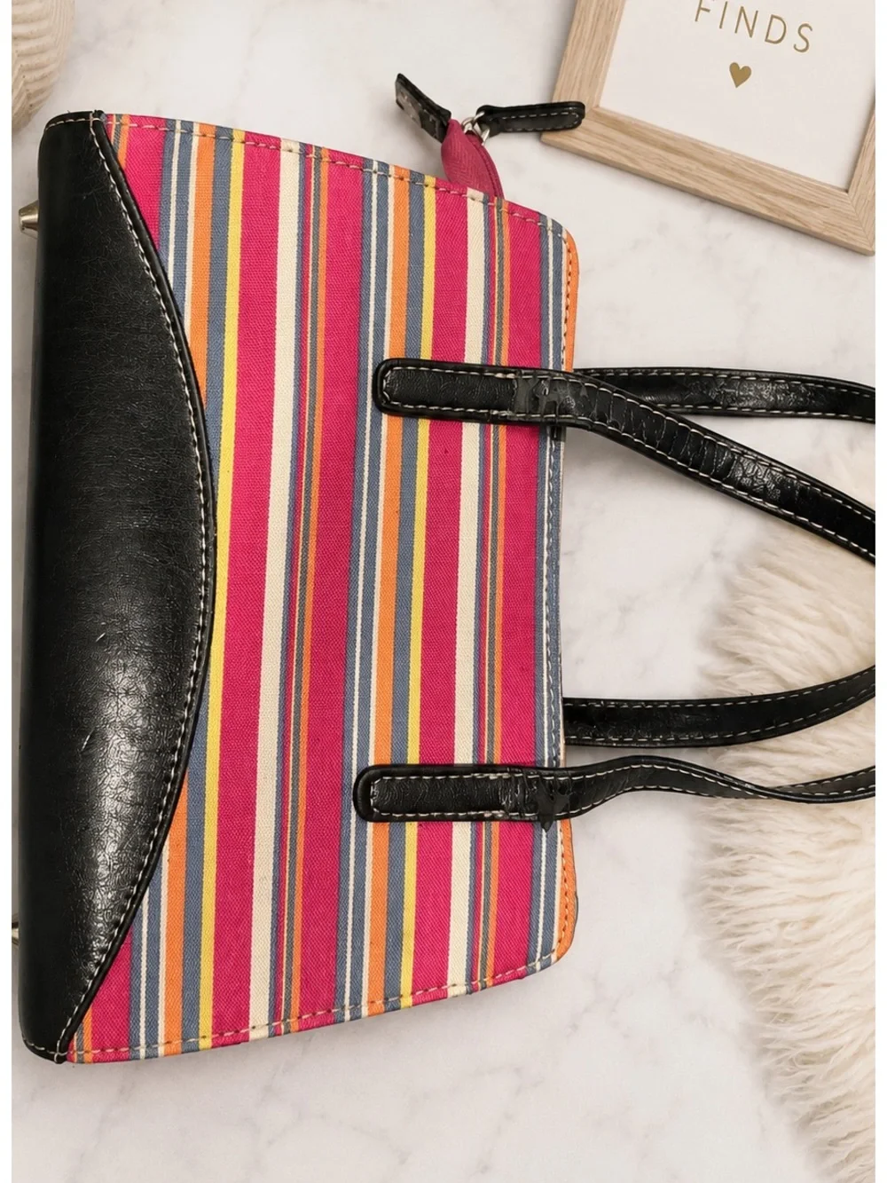 Kate Spade Striped Canvas Bow Satchel Tote Pink Black Y2K Vintage Bag